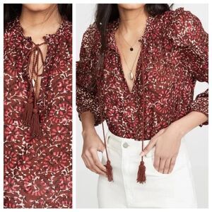 Ulla Johnson Lillian Burgundy Red Floral Puff Sleeve Ruffle Tassel Top Size 2